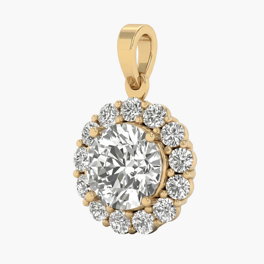 Gold pendant with a central diamond and smaller diamonds around on a white background