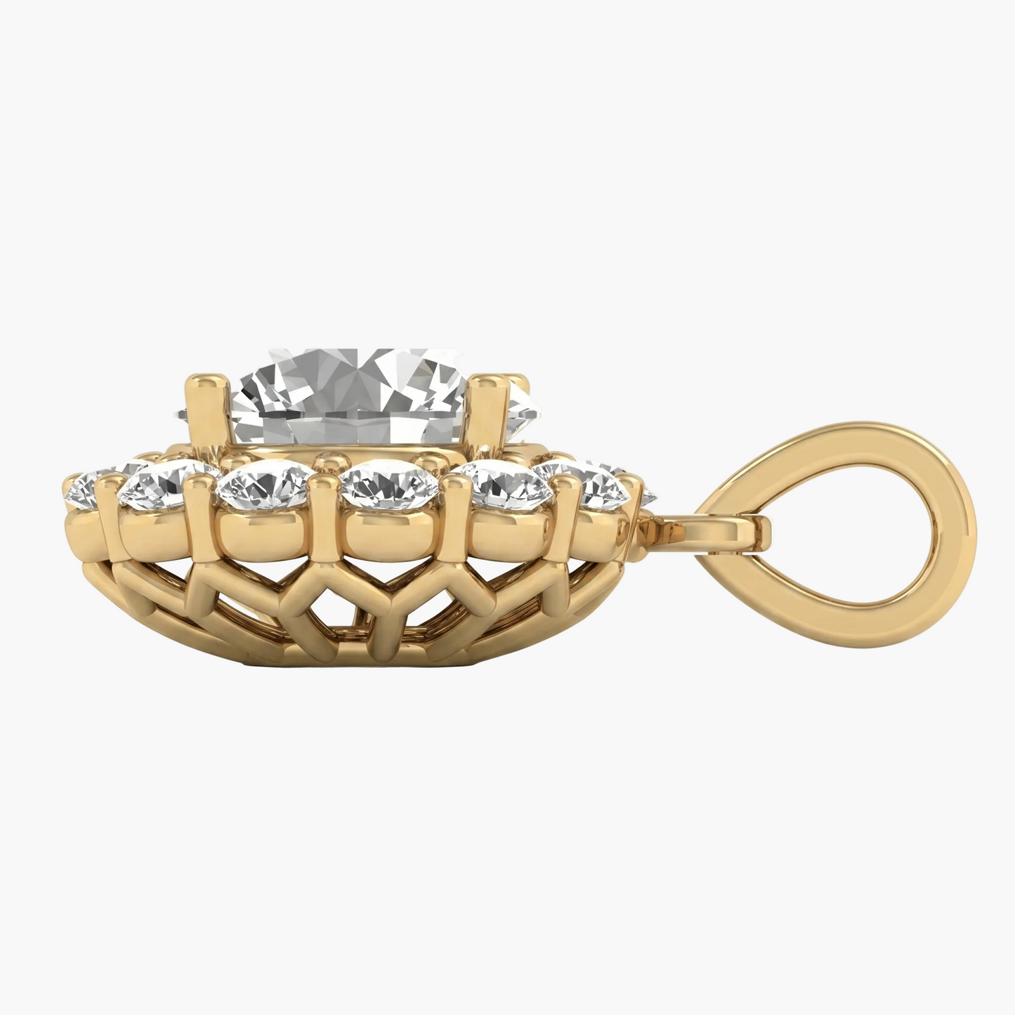 Gold earring with clear gemstones on a white background