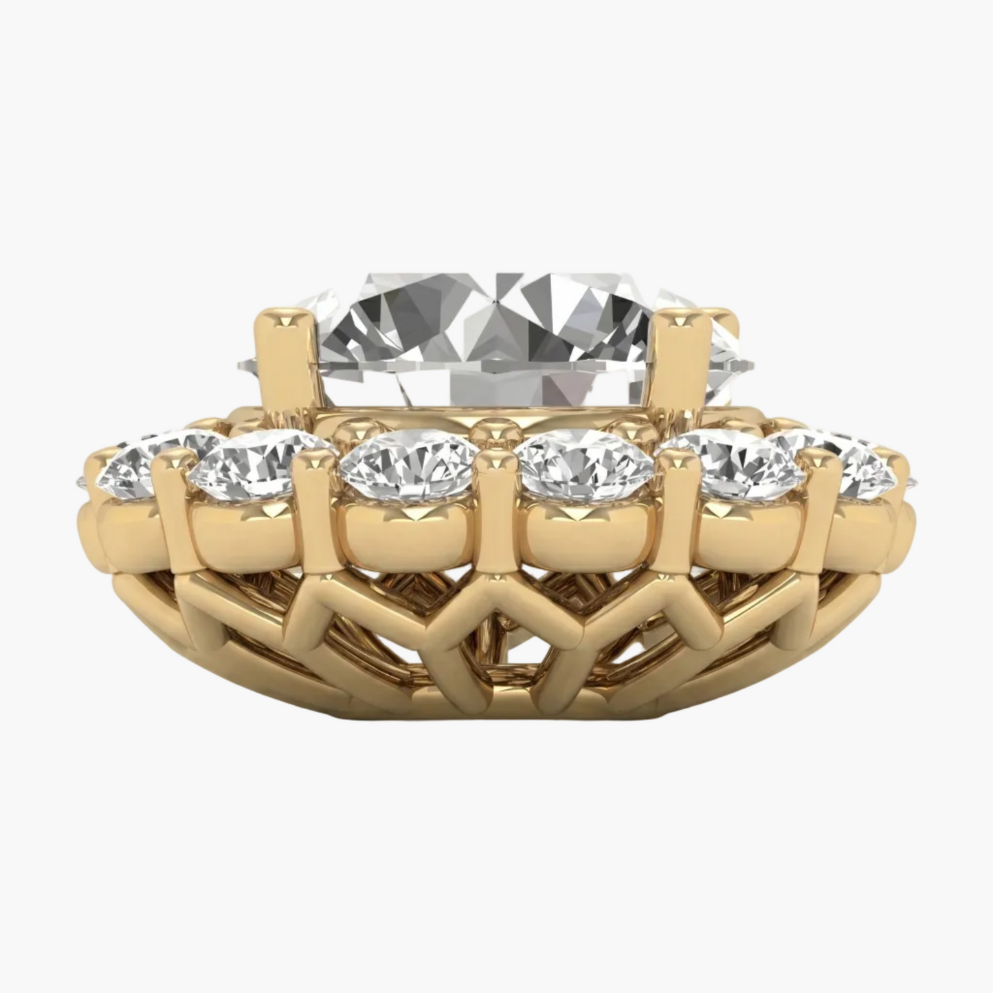 Gold ring with diamond accents on a white background
