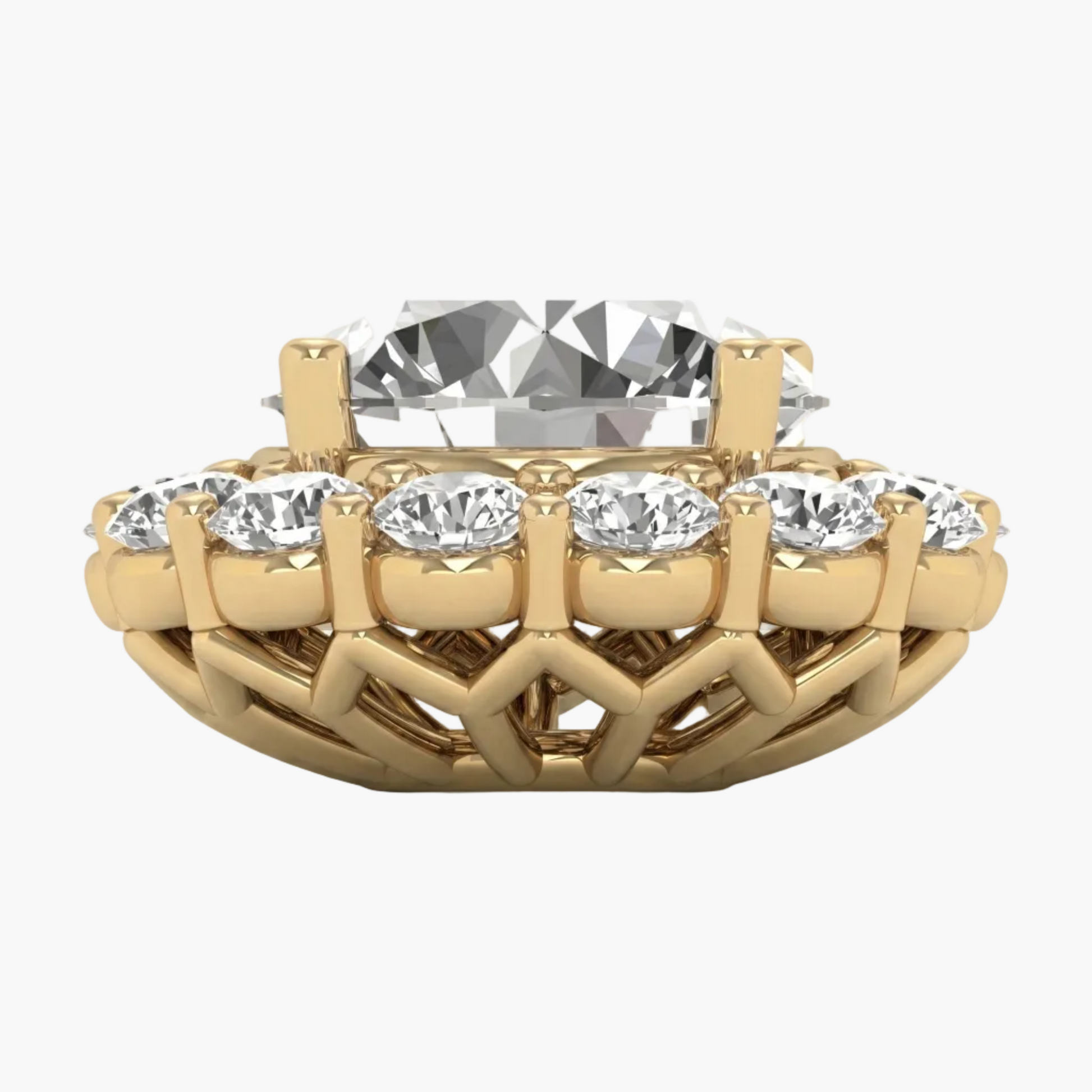 Gold ring with diamond accents on a white background