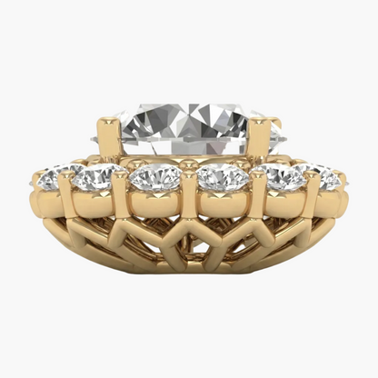 Gold ring with diamond accents on a white background