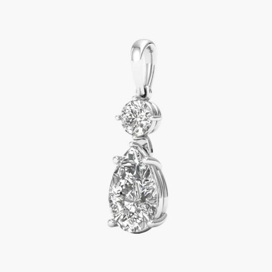 Diamond earring with pear-shaped and round-cut diamonds on a white background