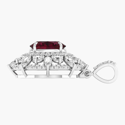 Diamond earring with a central red gemstone on a white background