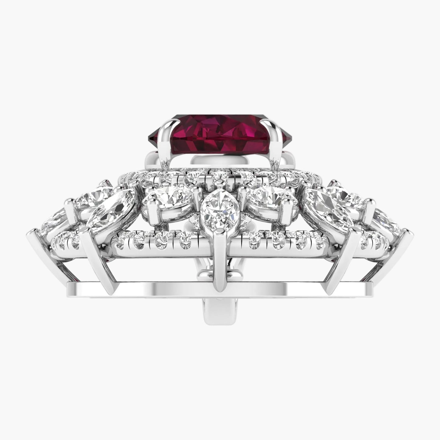 Elegant ring with a red gemstone and diamond accents on a white background