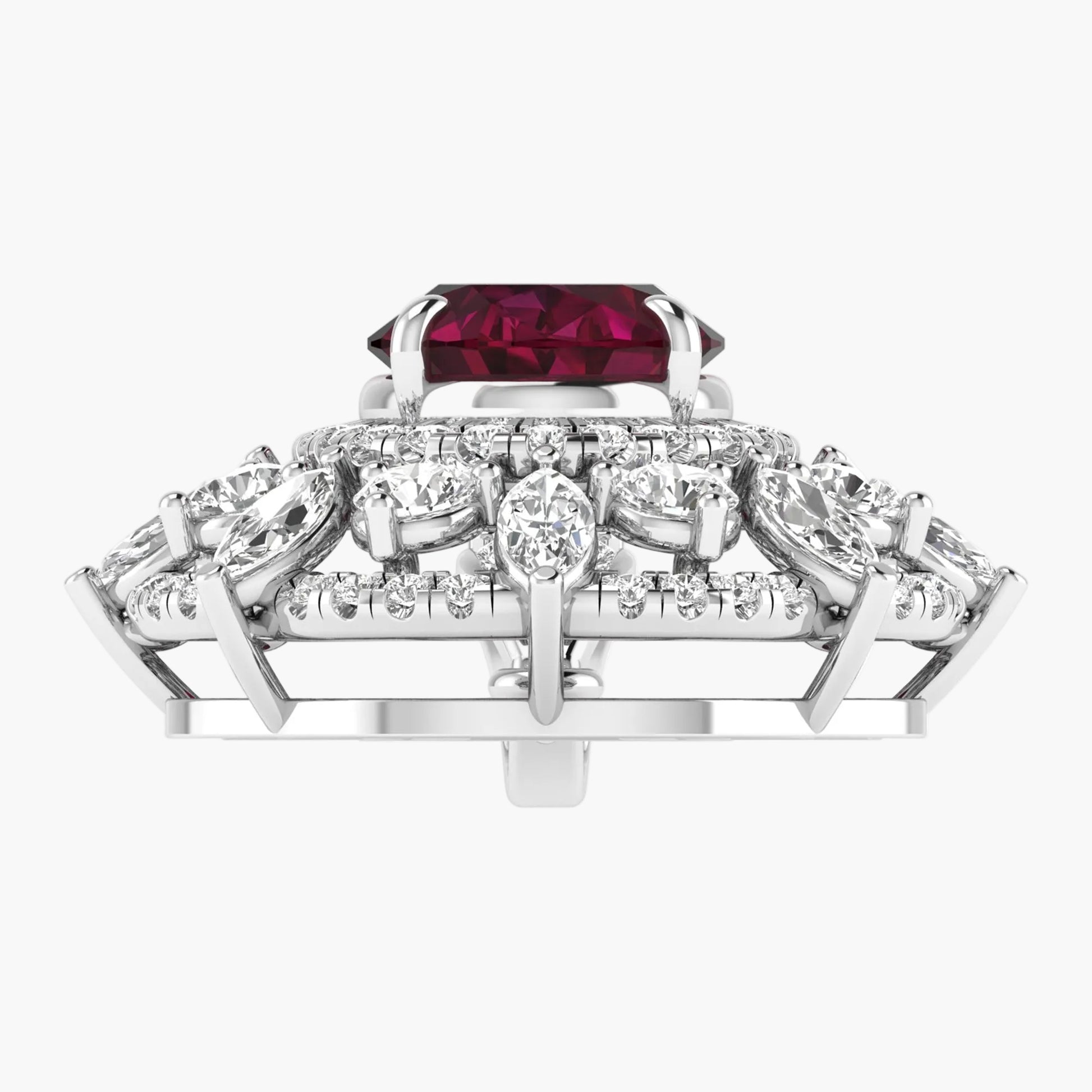 Elegant ring with a red gemstone and diamond accents on a white background