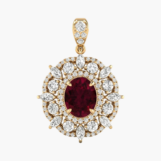 Gold pendant with a red gemstone and white stones on a white background