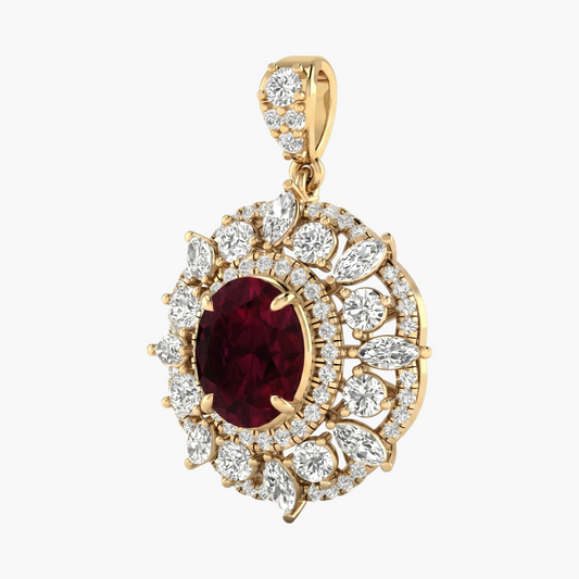 Gold pendant with a red gemstone and diamond accents on a white background