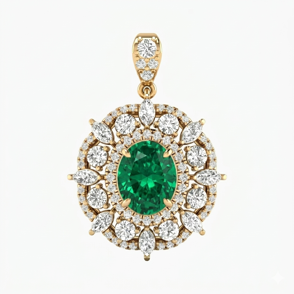 Gold pendant with a green gemstone and white diamonds on a white background