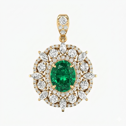 Gold pendant with a green gemstone and white diamonds on a white background