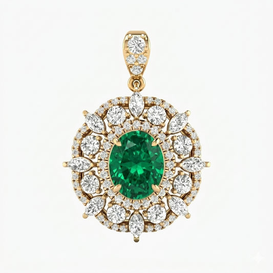 Gold pendant with a green gemstone and white diamonds on a white background