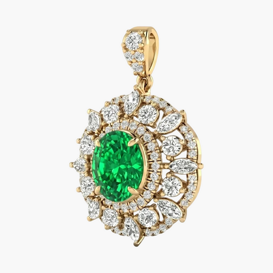 Gold pendant with a green gemstone and diamond accents on a white background