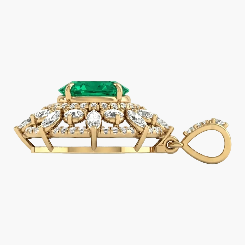 Gold pendant with a green gemstone and diamonds on a white background