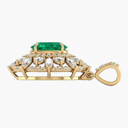 Gold pendant with a green gemstone and diamonds on a white background