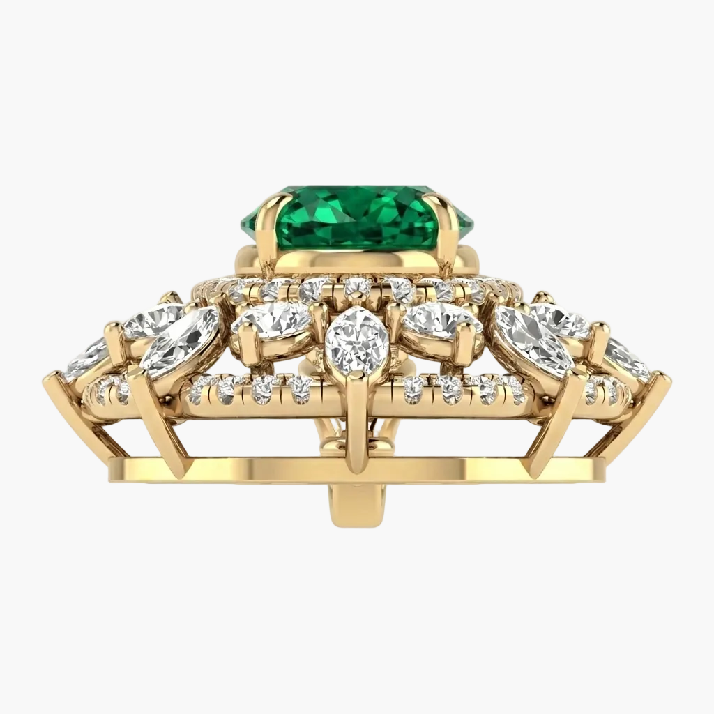Gold ring with a green gemstone and diamond accents on a white background