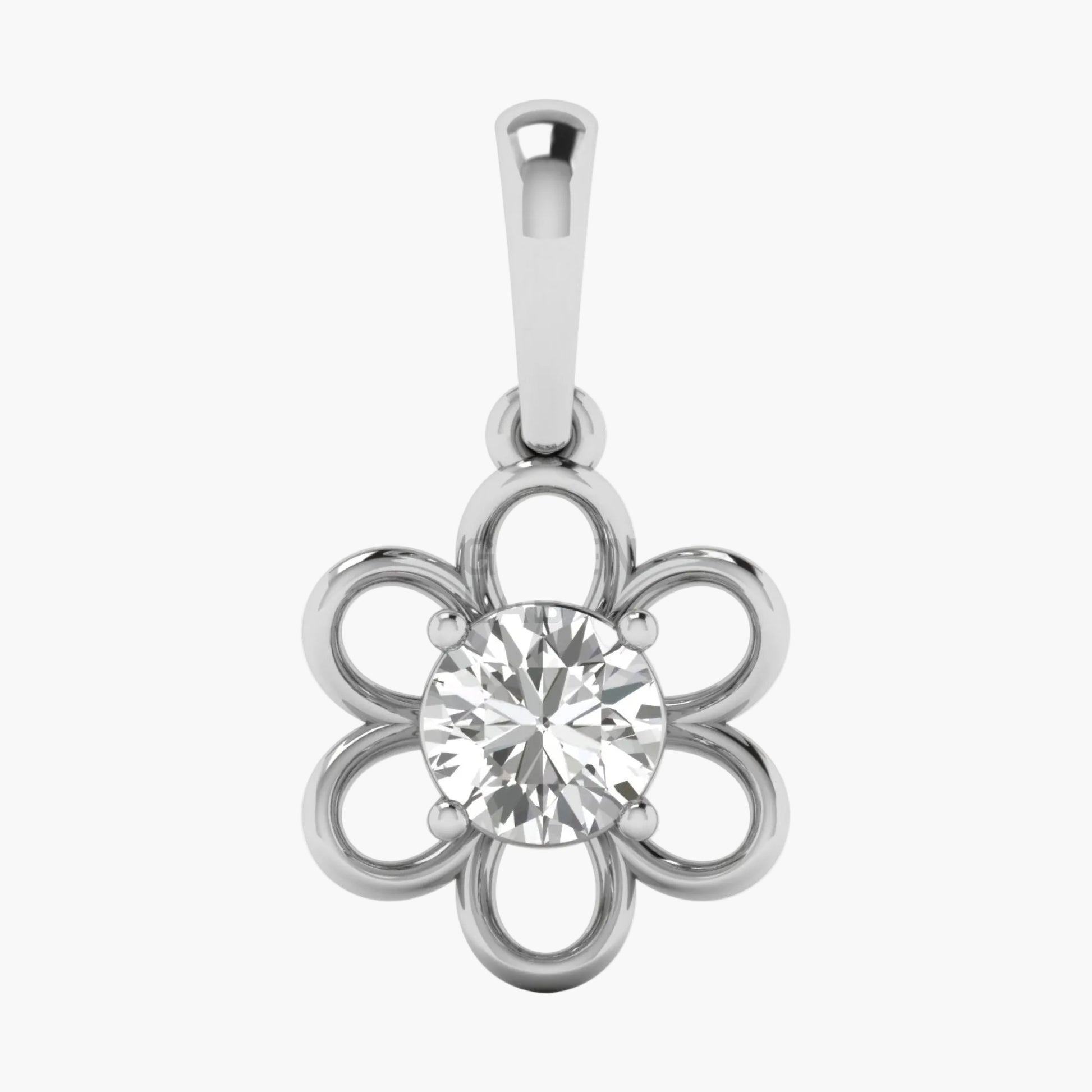 Silver flower-shaped pendant with a central gemstone on a white background