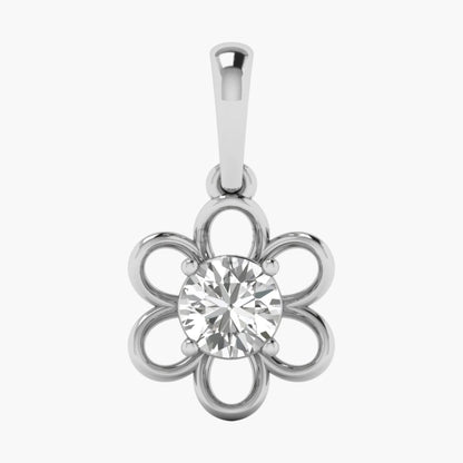 Silver flower-shaped pendant with a central gemstone on a white background