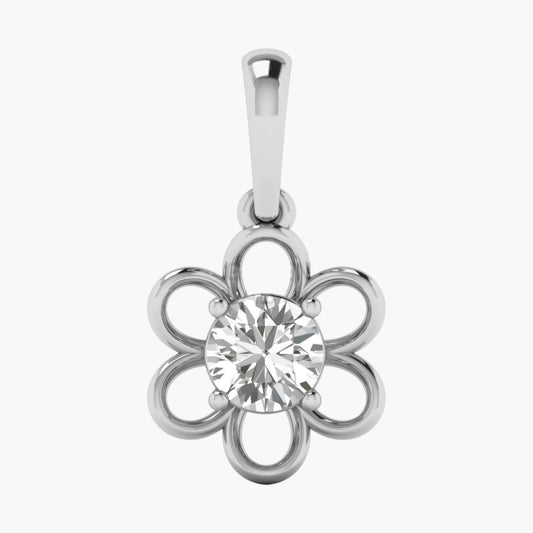 Silver flower-shaped pendant with a central gemstone on a white background