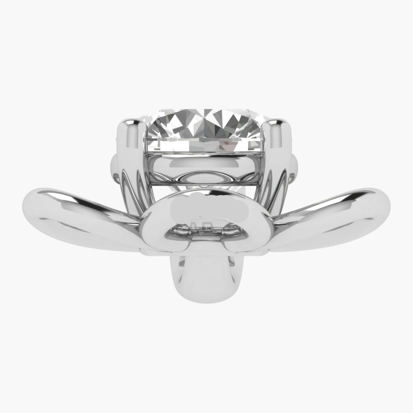 Silver ring with a large central gemstone on a white background