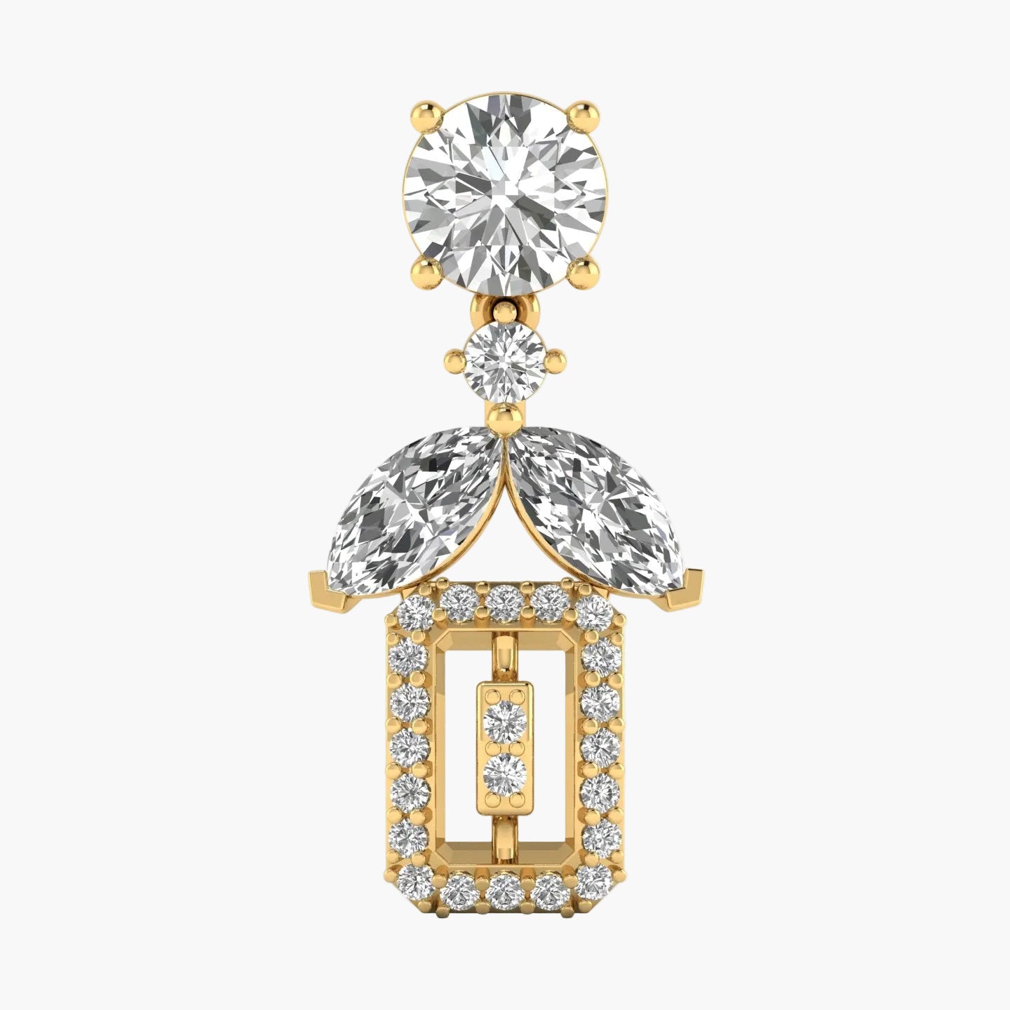 Gold earring with clear gemstones on a white background