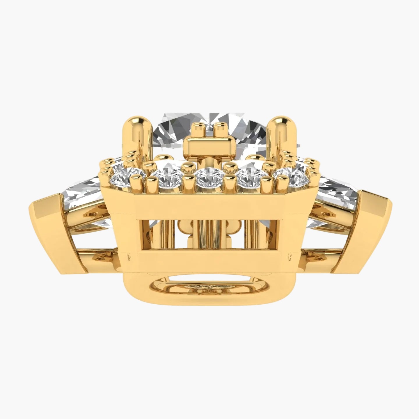 Gold ring with a large central gemstone and smaller diamonds on a white background