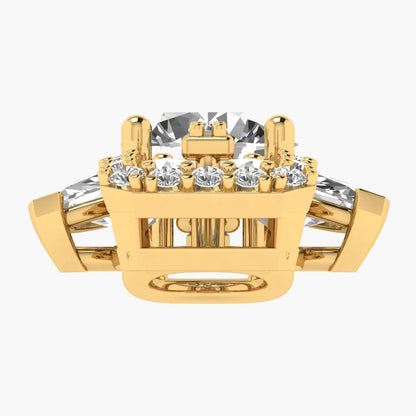 Gold ring with a large central gemstone and smaller diamonds on a white background