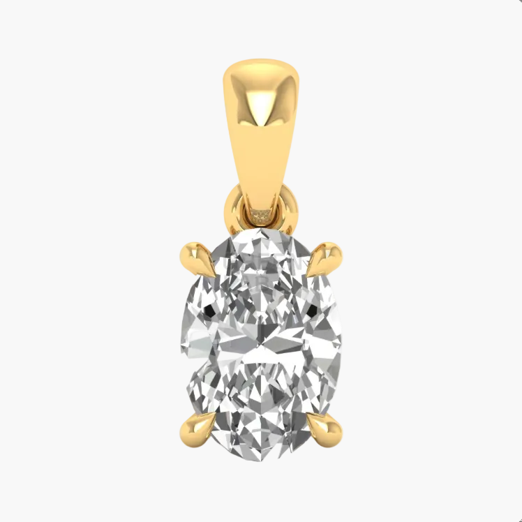 Gold pendant with a large clear gemstone on a white background