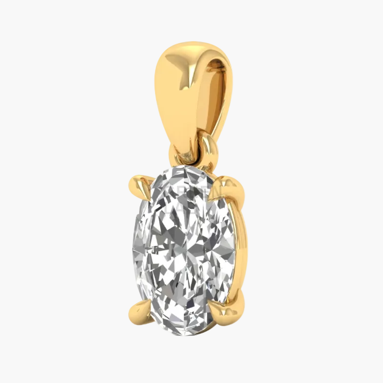 Gold pendant with a large clear gemstone on a white background