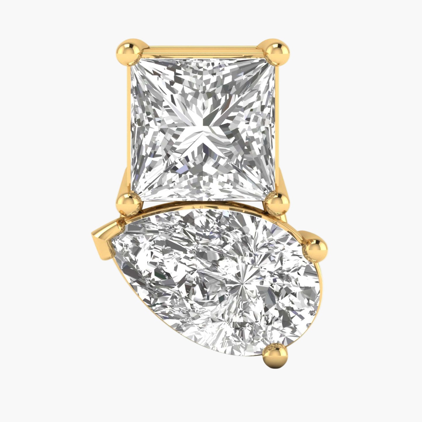 Gold earring with two diamond stones on a white background