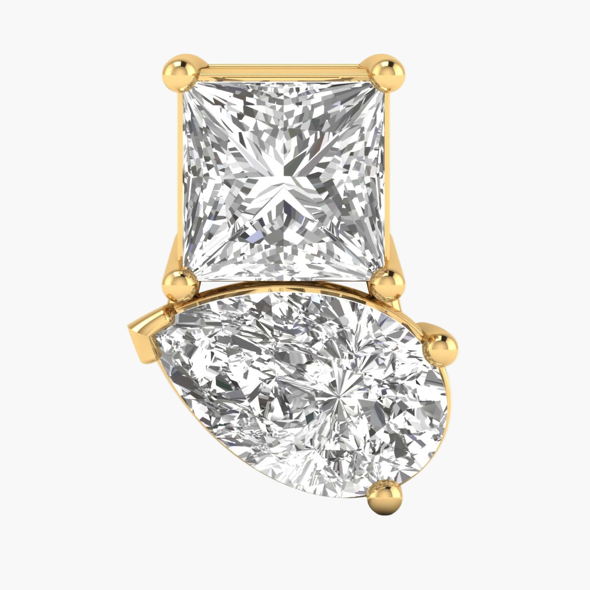 Gold earring with two diamond stones on a white background