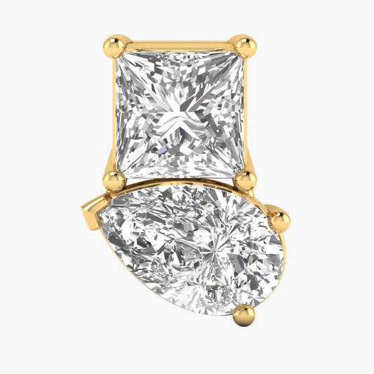 Gold earring with two diamond stones on a white background