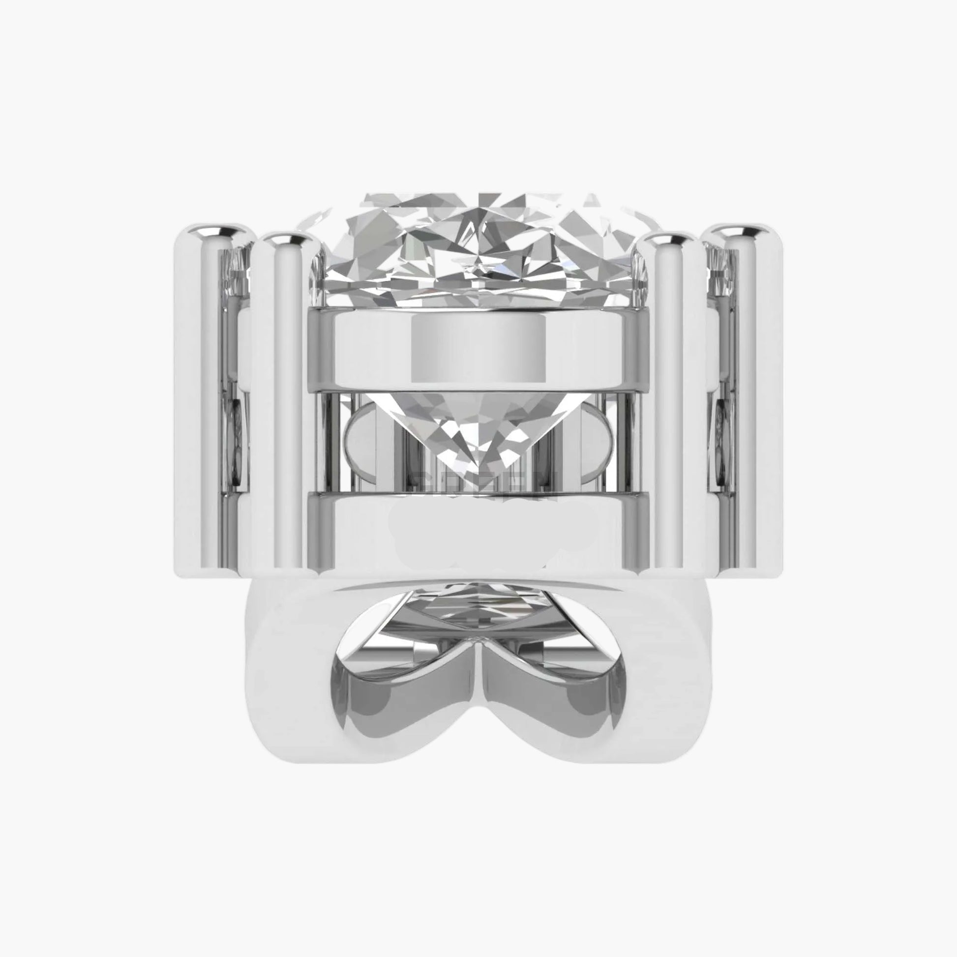 Silver ring with a large diamond on a white background