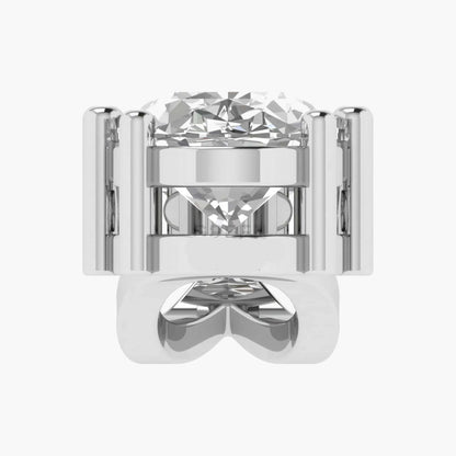 Silver ring with a large diamond on a white background