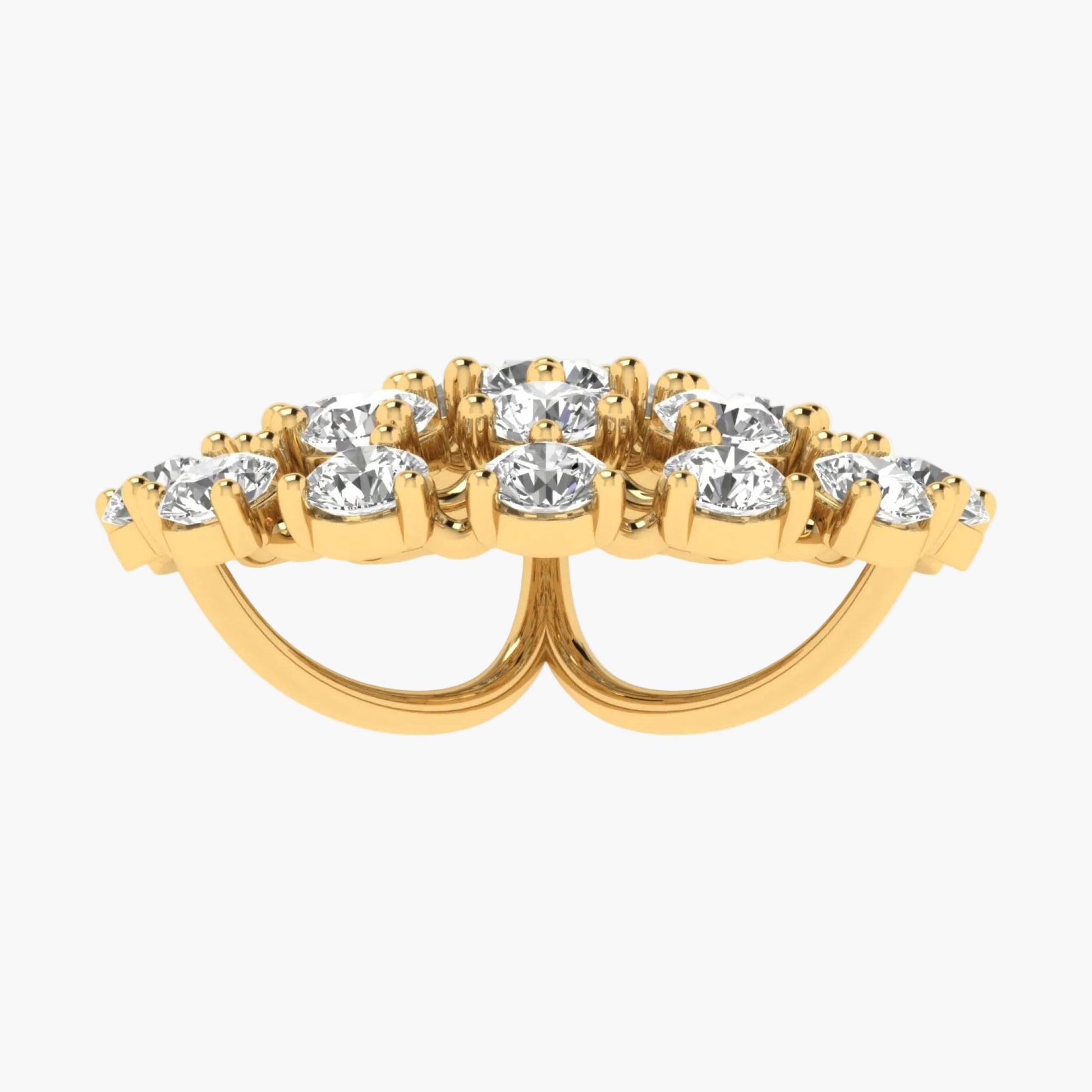 Gold ring with embedded diamonds on a white background