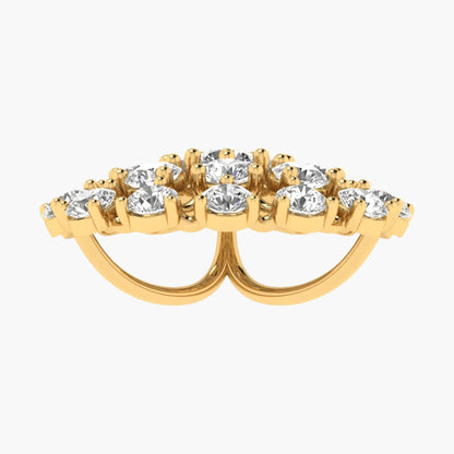 Gold ring with embedded diamonds on a white background