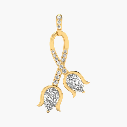 A yellow gold pendant featuring two tulip-shaped floral motifs, each adorned with clear round and pear-cut gemstones. The stems are embellished with small sparkling stones, and the top bail is also set with clear stones.