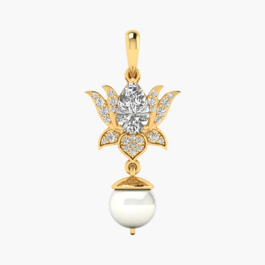 A yellow gold pendant featuring a lotus flower design paved with small clear stones, a central marquise-cut diamond, and a dangling white pearl at the bottom, shown on a plain white background.