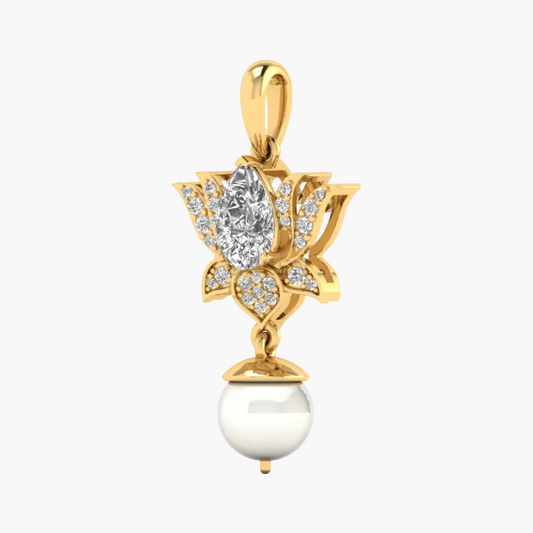 A gold pendant featuring a lotus flower design set with clear gemstones and a dangling white pearl, shown on a plain white background.