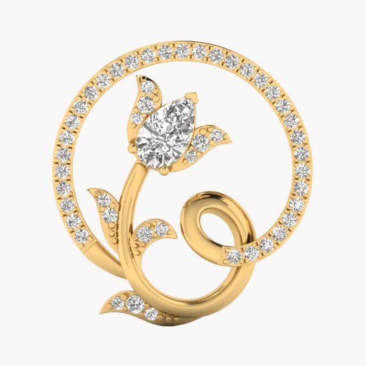 A yellow gold floral pendant featuring a central pear-cut diamond and smaller diamonds along the stem and circular frame, shown on a plain white background.