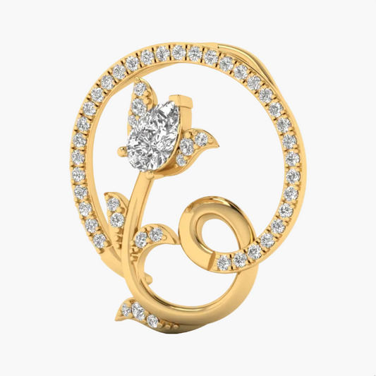 A yellow gold floral pendant featuring a central marquise-cut clear gemstone surrounded by small round diamonds, set within an open circular and scroll design also paved with diamonds. A faint GREEN LAZY watermark is visible across the center on a white background.