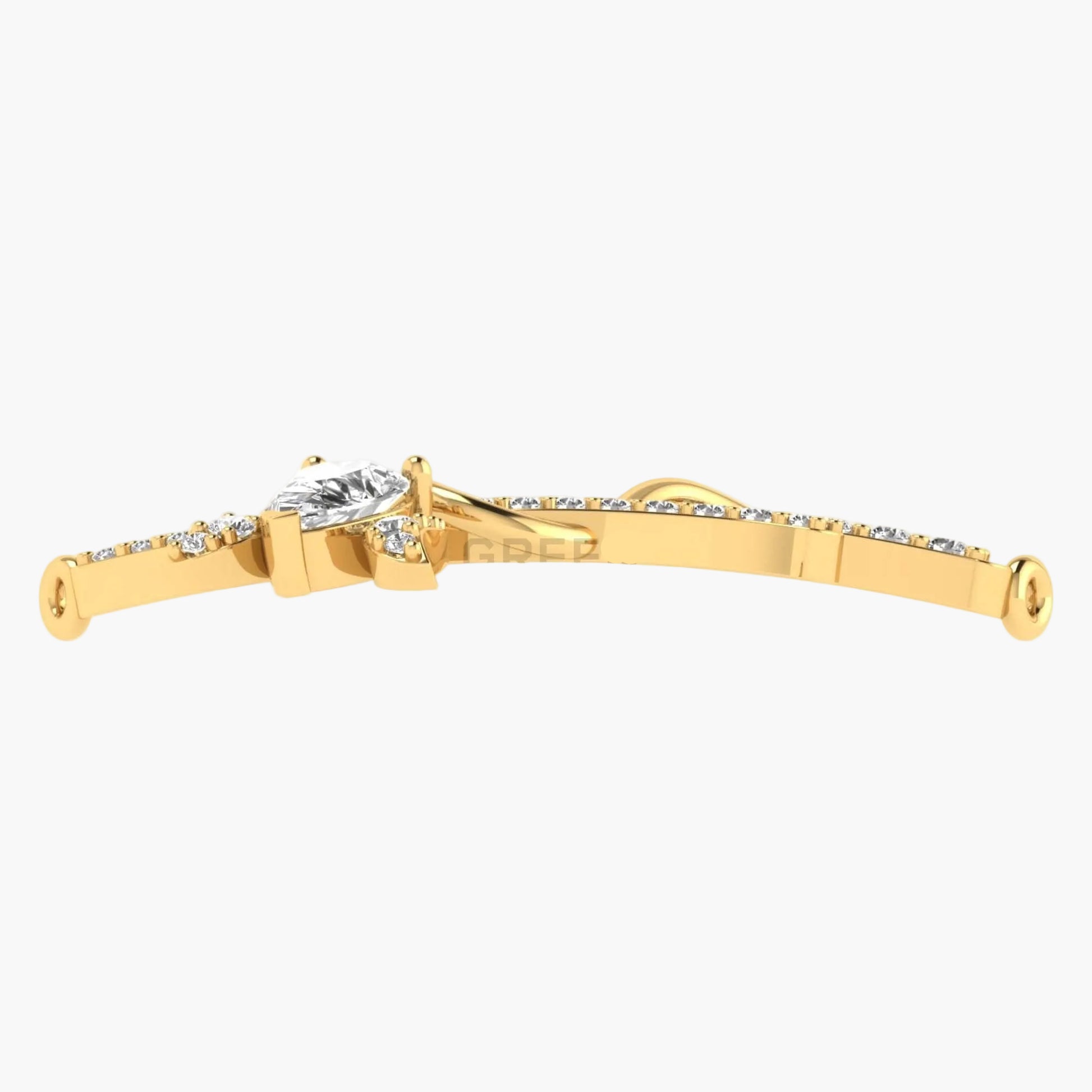 Gold bracelet with heart-shaped diamond on a white background