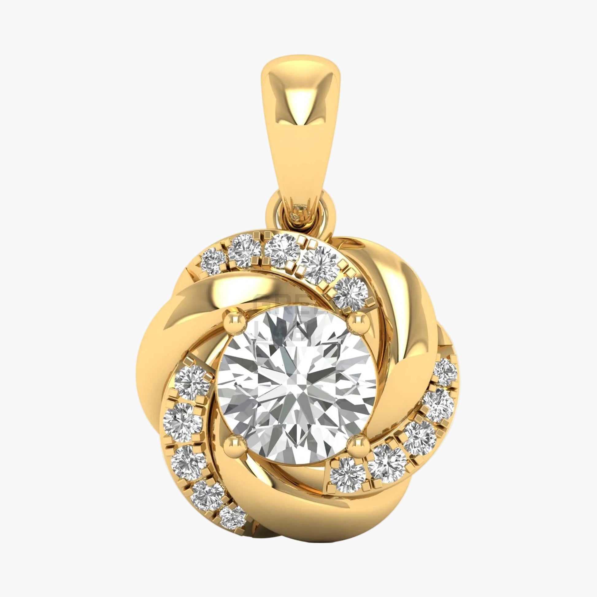 Gold pendant with a large central gemstone and smaller stones around on a white background