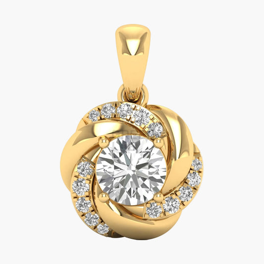 Gold pendant with a large central gemstone and smaller stones around on a white background