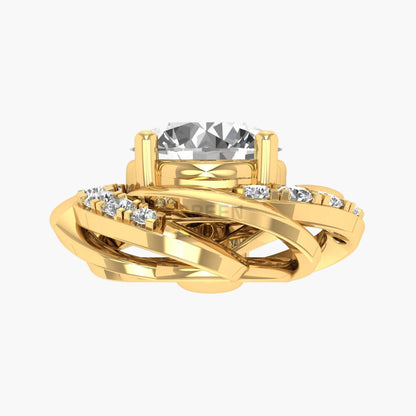 Gold ring with a large central diamond and smaller diamonds on a white background