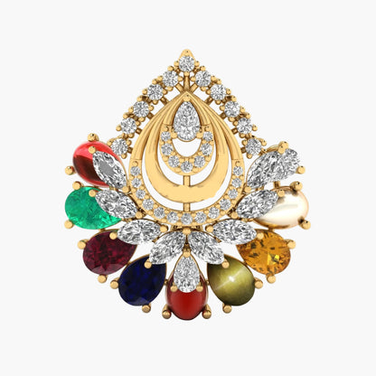 Gold necklace with colorful gemstones on a white background