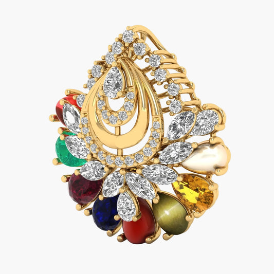 Gold necklace with colorful gemstones on a white background