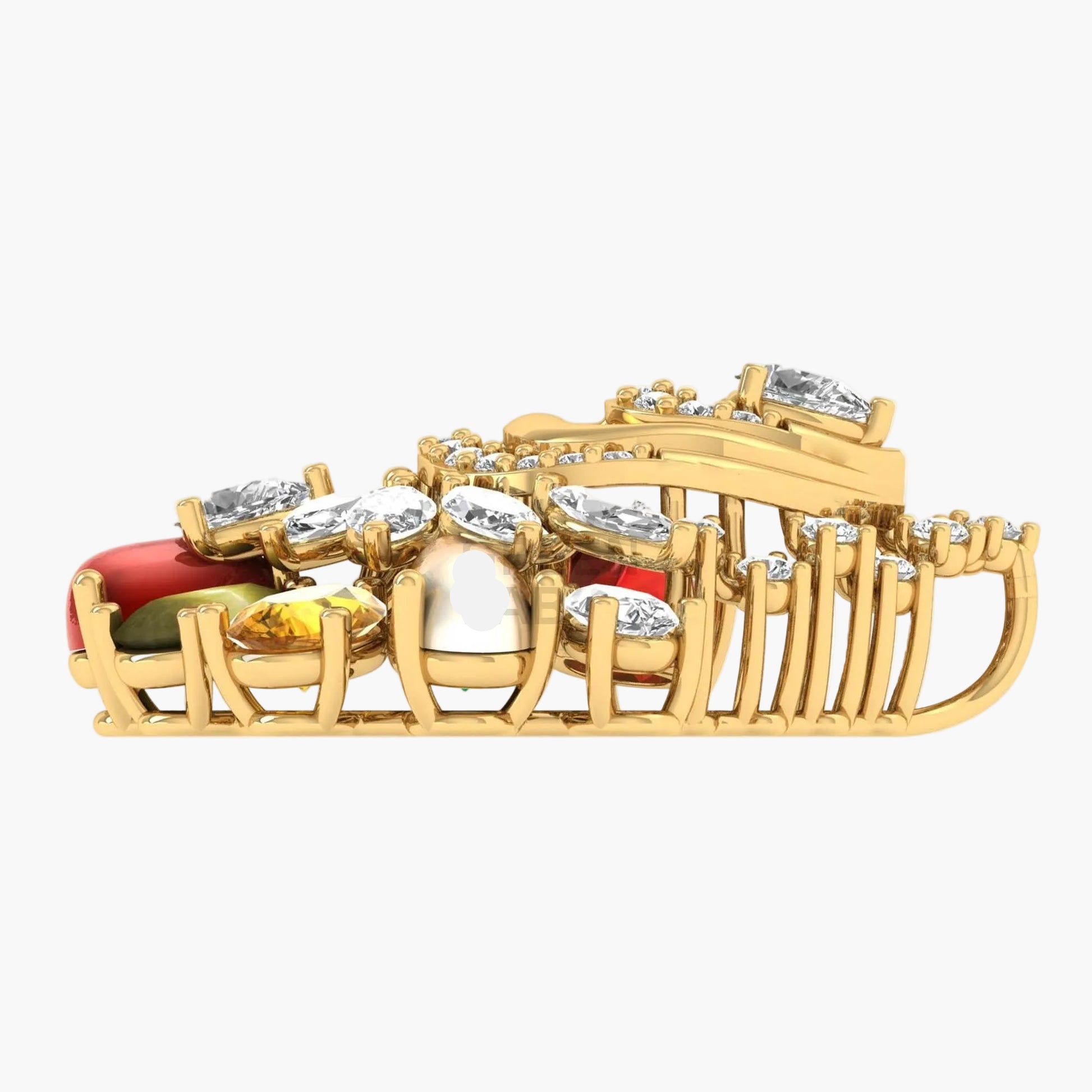 Gold hair clip with colorful stones on a white background