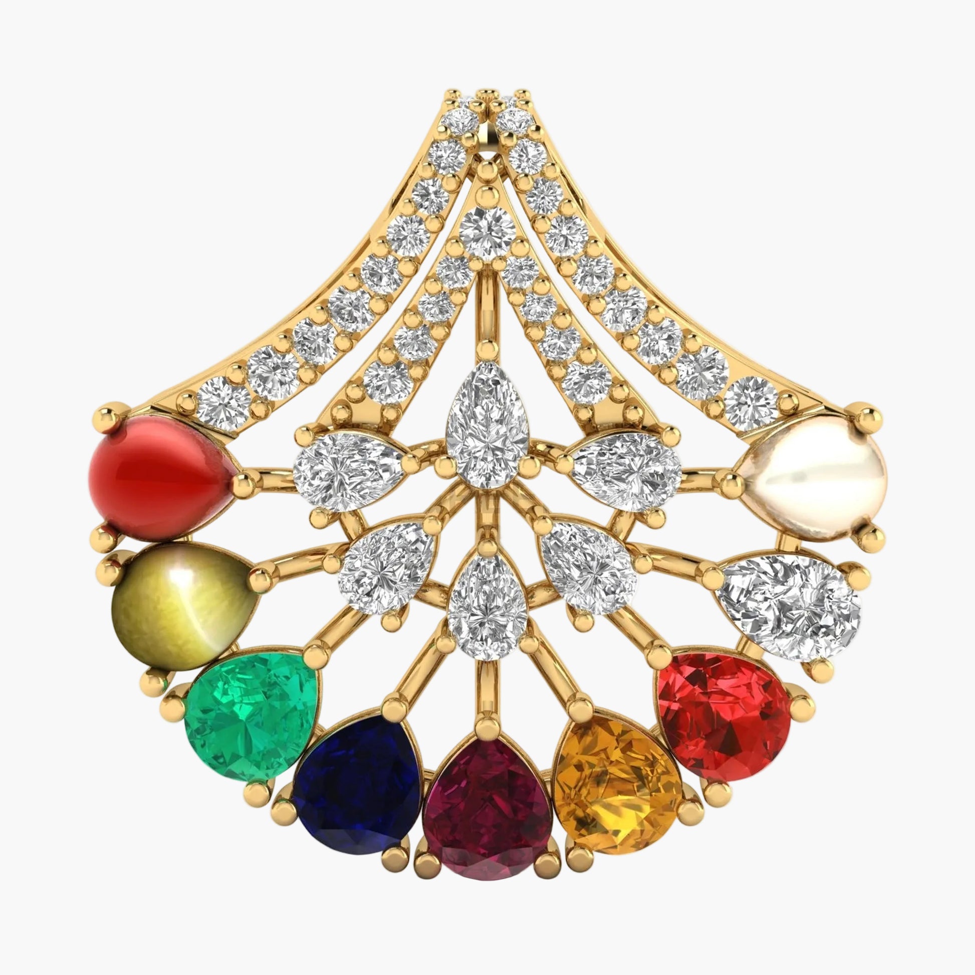 Gold brooch with colorful gemstones on a white background
