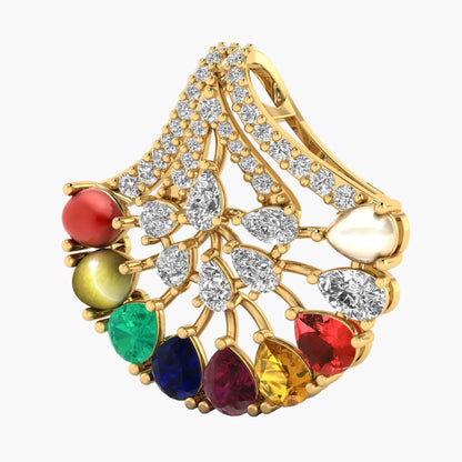 Gold ring with colorful gemstones on a white background