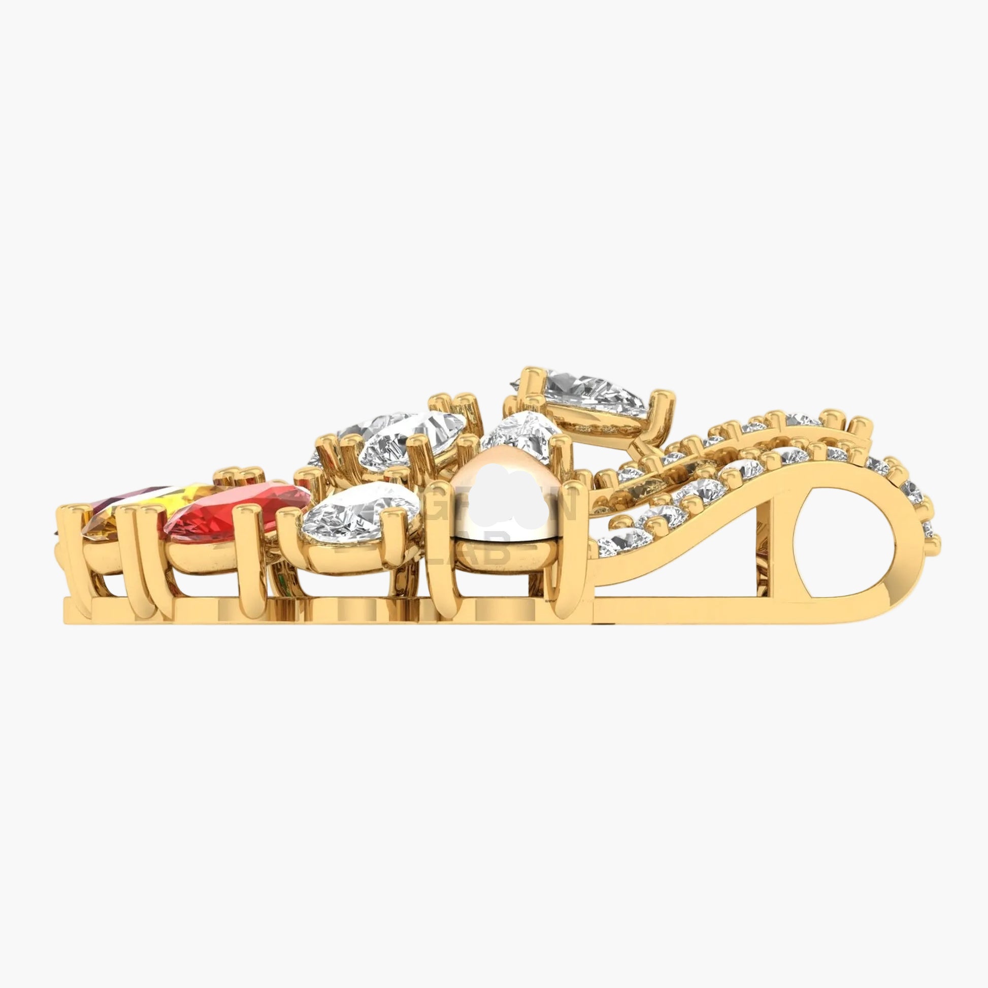Gold ring with embedded gemstones on a white background