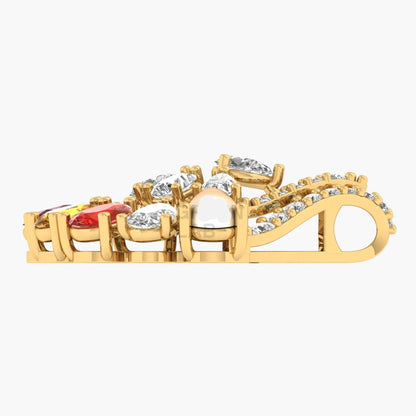 Gold ring with embedded gemstones on a white background